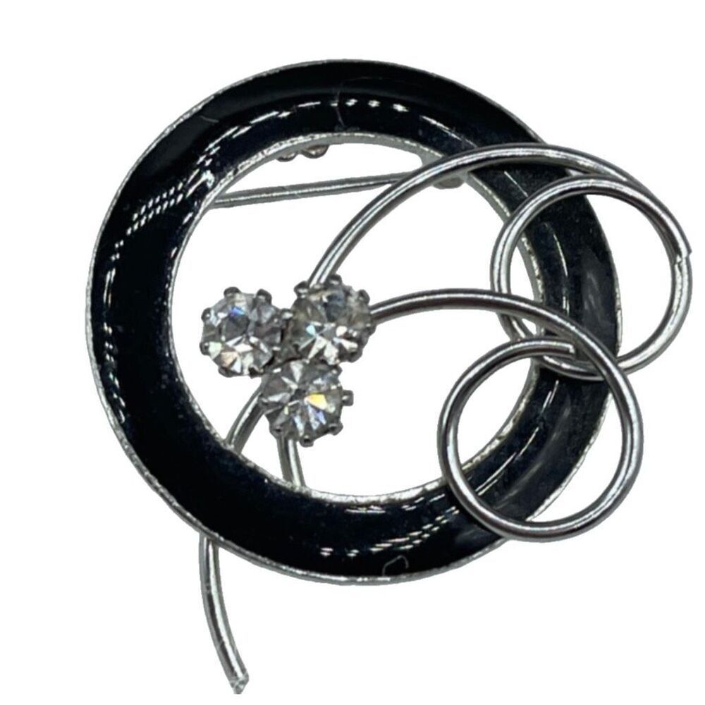 Vintage circle brooch floral rhinestone black enamel